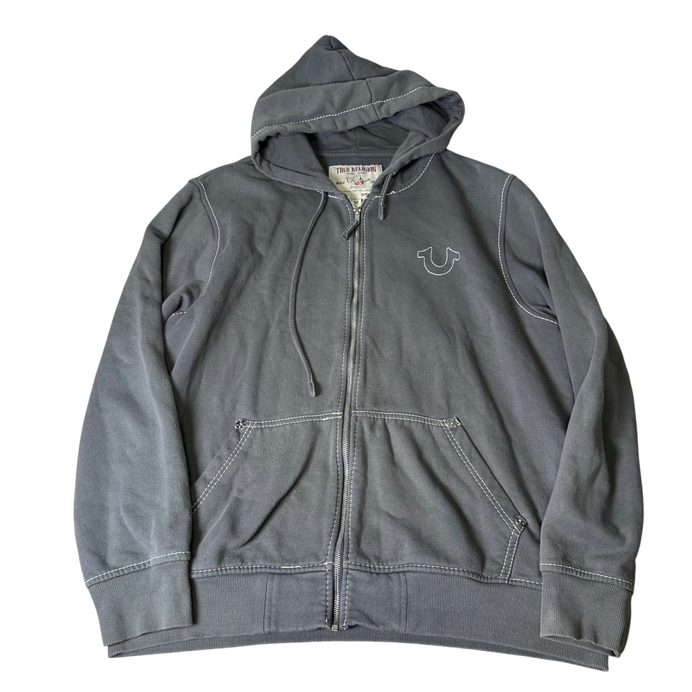 True Religion Mens Charcoal Gray Big T Stitch Buddha World Tour Zip Hoodie 2XL